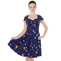 Seamless Pattern With Cartoon Zodiac Constellations Starry Sky Cap Sleeve Midi Dress by BangZart