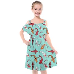 Pattern With Koi Fishes Kids  Cut Out Shoulders Chiffon Dress