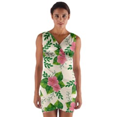 Cute Pink Flowers With Leaves-pattern Wrap Front Bodycon Dress