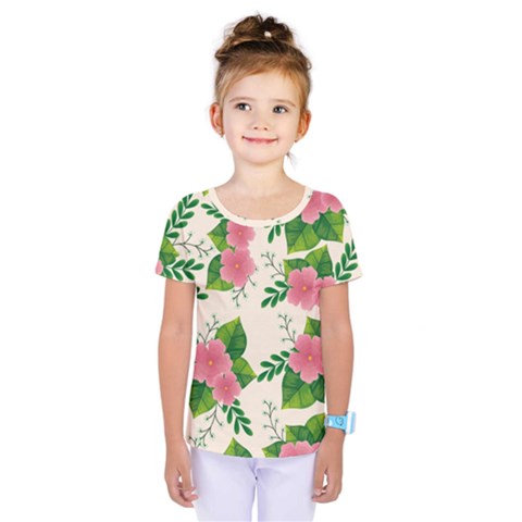 Cute Pink Flowers With Leaves-pattern Kids  One Piece Tee by BangZart