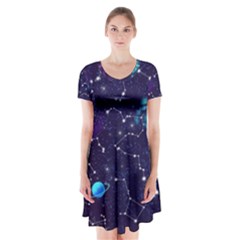 Realistic Night Sky Poster With Constellations Short Sleeve V-neck Flare Dress by BangZart