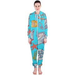 Colored Sketched Sea Elements Pattern Background Sea Life Animals Illustration Hooded Jumpsuit (ladies)  by BangZart