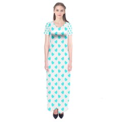 White Light Blue Hearts Pattern, Pastel Sky Blue Color Short Sleeve Maxi Dress by Casemiro