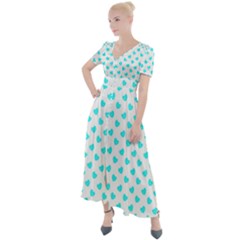 White Light Blue Hearts Pattern, Pastel Sky Blue Color Button Up Short Sleeve Maxi Dress by Casemiro