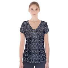 Black And White Ethnic Ornate Pattern Short Sleeve Front Detail Top by dflcprintsclothing