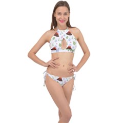 Cute Palm Volcano Seamless Pattern Cross Front Halter Bikini Set