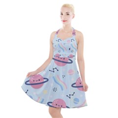 Cute Planet Space Seamless Pattern Background Halter Party Swing Dress  by BangZart