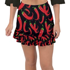 Seamless Vector Pattern Hot Red Chili Papper Black Background Fishtail Mini Chiffon Skirt by BangZart