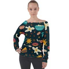 Seamless Pattern With Breakfast Symbols Morning Coffee Off Shoulder Long Sleeve Velour Top by BangZart
