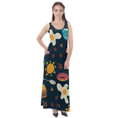 Seamless Pattern With Breakfast Symbols Morning Coffee Sleeveless Velour Maxi Dress