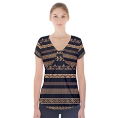 Set Antique Greek Borders Seamless Ornaments Golden Color Black Background Flat Style Greece Concept Short Sleeve Front Detail Top by BangZart