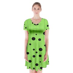 Bubbles At Strings Lemon Green And Black, Geometrical Pattern Short Sleeve V-neck Flare Dress by Casemiro