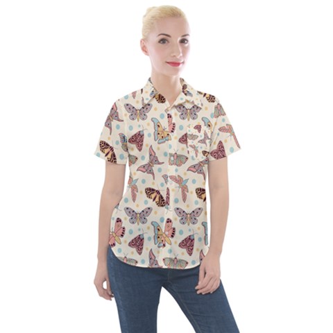 Pattern With Butterflies Moths Women s Short Sleeve Pocket Shirt by BangZart