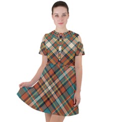 Tartan Scotland Seamless Plaid Pattern Vector Retro Background Fabric Vintage Check Color Square Short Sleeve Shoulder Cut Out Dress 