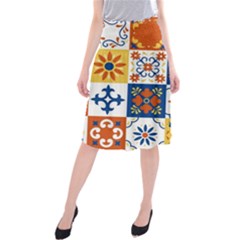 Mexican Talavera Pattern Ceramic Tiles With Flower Leaves Bird Ornaments Traditional Majolica Style Midi Beach Skirt