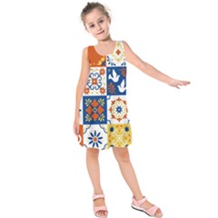 Mexican Talavera Pattern Ceramic Tiles With Flower Leaves Bird Ornaments Traditional Majolica Style Kids  Sleeveless Dress