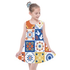 Mexican Talavera Pattern Ceramic Tiles With Flower Leaves Bird Ornaments Traditional Majolica Style Kids  Summer Dress