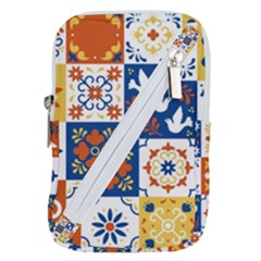 Mexican Talavera Pattern Ceramic Tiles With Flower Leaves Bird Ornaments Traditional Majolica Style Belt Pouch Bag (large)