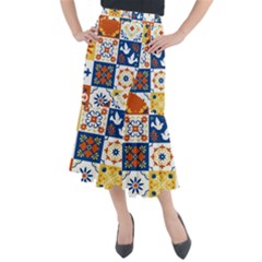 Mexican Talavera Pattern Ceramic Tiles With Flower Leaves Bird Ornaments Traditional Majolica Style Midi Mermaid Skirt