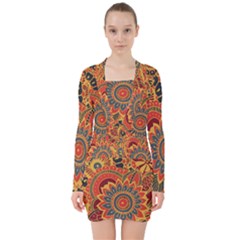 Bright Seamless Pattern With Paisley Elements Hand Drawn Wallpaper With Floral Traditional V-neck Bodycon Long Sleeve Dress