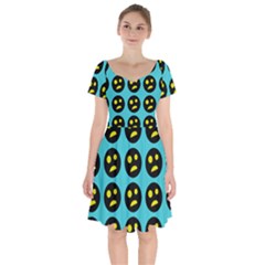 005 - Ugly Smiley With Horror Face - Scary Smiley Short Sleeve Bardot Dress by DinzDas