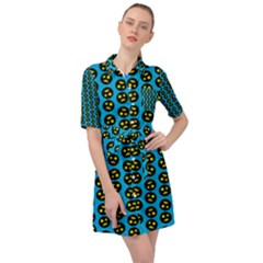 0059 Comic Head Bothered Smiley Pattern Belted Shirt Dress by DinzDas