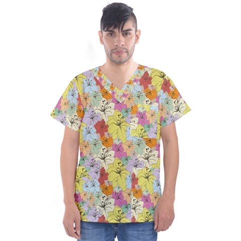 Abstract Flowers And Circle Men s V-neck Scrub Top by DinzDas