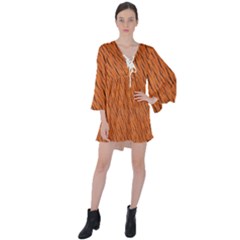 Animal Skin - Lion And Orange Skinnes Animals - Savannah And Africa V-neck Flare Sleeve Mini Dress by DinzDas