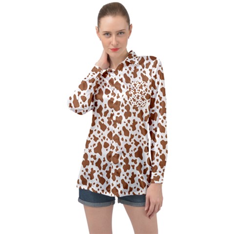 Animal Skin - Brown Cows Are Funny And Brown And White Long Sleeve Satin Shirt by DinzDas