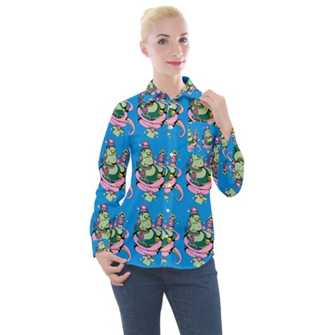Monster And Cute Monsters Fight With Snake And Cyclops Women s Long Sleeve Pocket Shirt by DinzDas