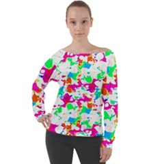 Bright Multicolored Abstract Print Off Shoulder Long Sleeve Velour Top by dflcprintsclothing