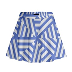 Geometric Blue And White Lines, Stripes Pattern Mini Flare Skirt by Casemiro