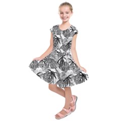 Black And White Leafs Pattern, Tropical Jungle, Nature Themed Kids  Short Sleeve Dress by Casemiro