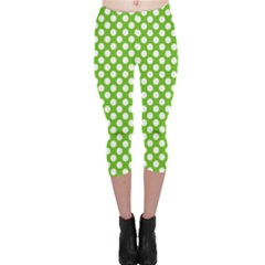 Pastel Green Lemon, White Polka Dots Pattern, Classic, Retro Style Capri Leggings  by Casemiro