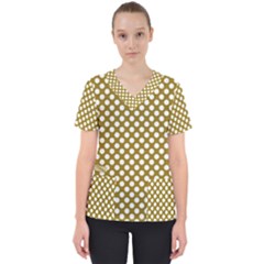 Gold Polka Dots Patterm, Retro Style Dotted Pattern, Classic White Circles Women s V-neck Scrub Top by Casemiro