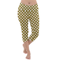 Gold Polka Dots Patterm, Retro Style Dotted Pattern, Classic White Circles Lightweight Velour Capri Yoga Leggings by Casemiro