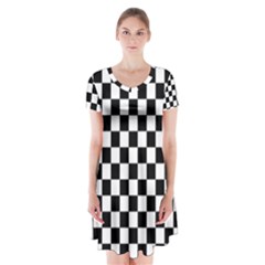 Black And White Chessboard Pattern, Classic, Tiled, Chess Like Theme Short Sleeve V-neck Flare Dress by Casemiro