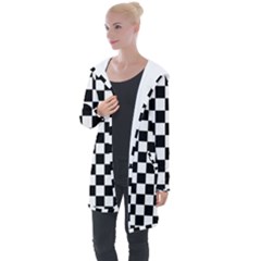 Black And White Chessboard Pattern, Classic, Tiled, Chess Like Theme Longline Hooded Cardigan by Casemiro