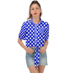 Dark Blue And White Polka Dots Pattern, Retro Pin-up Style Theme, Classic Dotted Theme Tie Front Shirt  by Casemiro