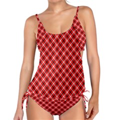 Three Color Tartan, Red Grey, Black Buffalo Plaid Theme Tankini Set by Casemiro