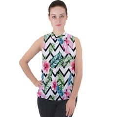 Tropical Zig Zag Pattern Mock Neck Chiffon Sleeveless Top by designsbymallika