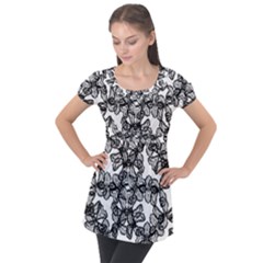 Stylized Botanical Motif Black And White Print Puff Sleeve Tunic Top by dflcprintsclothing