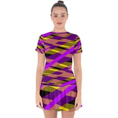 Abstract Geometric Blocks, Yellow, Orange, Purple Triangles, Modern Design Drop Hem Mini Chiffon Dress by Casemiro