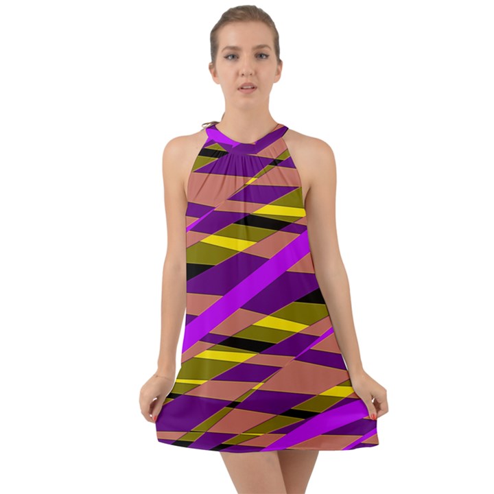 Abstract geometric blocks, yellow, orange, purple triangles, modern design Halter Tie Back Chiffon Dress