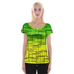 Geometrical Lines Pattern, Asymmetric Blocks Theme, Line Art Cap Sleeve Top by Casemiro