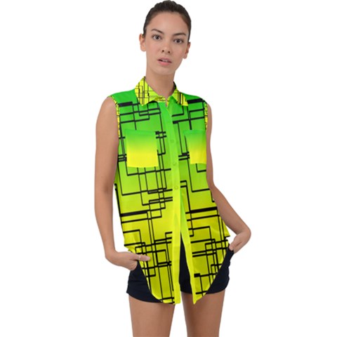 Geometrical Lines Pattern, Asymmetric Blocks Theme, Line Art Sleeveless Chiffon Button Shirt by Casemiro