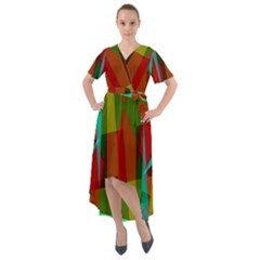Rainbow Colors Palette Mix, Abstract Triangles, Asymmetric Pattern Front Wrap High Low Dress by Casemiro