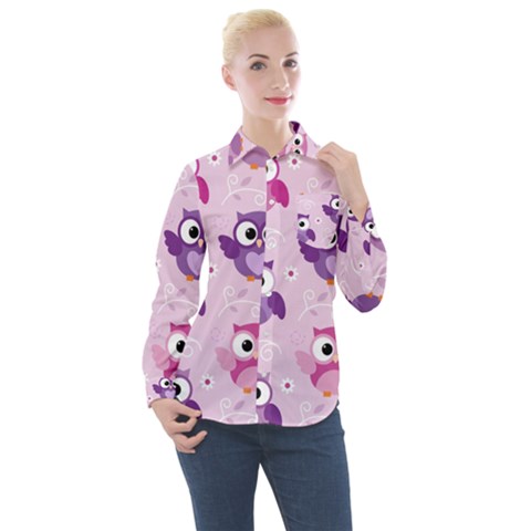 Seamless Cute Colourfull Owl Kids Pattern Women s Long Sleeve Pocket Shirt by Amaryn4rt