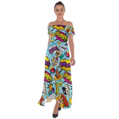 Comic Elements Colorful Seamless Pattern Off Shoulder Open Front Chiffon Dress by Amaryn4rt