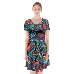 Vintage Tattoos Colorful Seamless Pattern Short Sleeve V-neck Flare Dress by Amaryn4rt